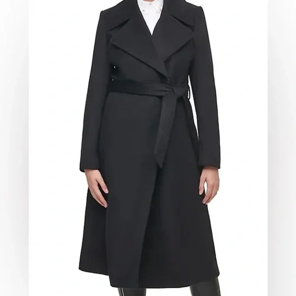 London Fog Black Belted Wool Wrap Coat Size Large. - Picture 1 of 16